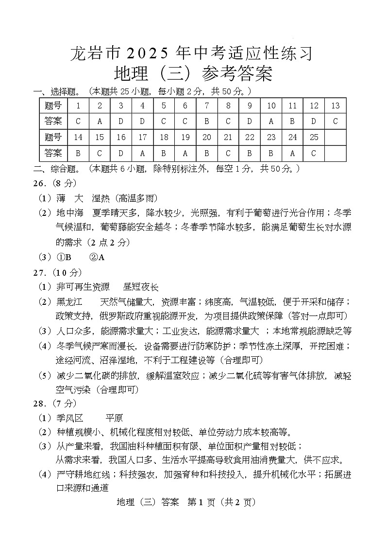 2024-2025龙岩市中考地理适应性练习三 2025年地理（三）答案第1页