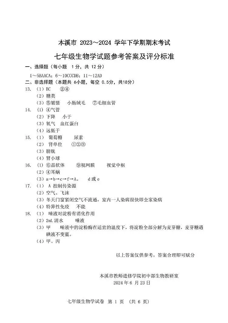 2024七年级下期末考试生物--答案第1页
