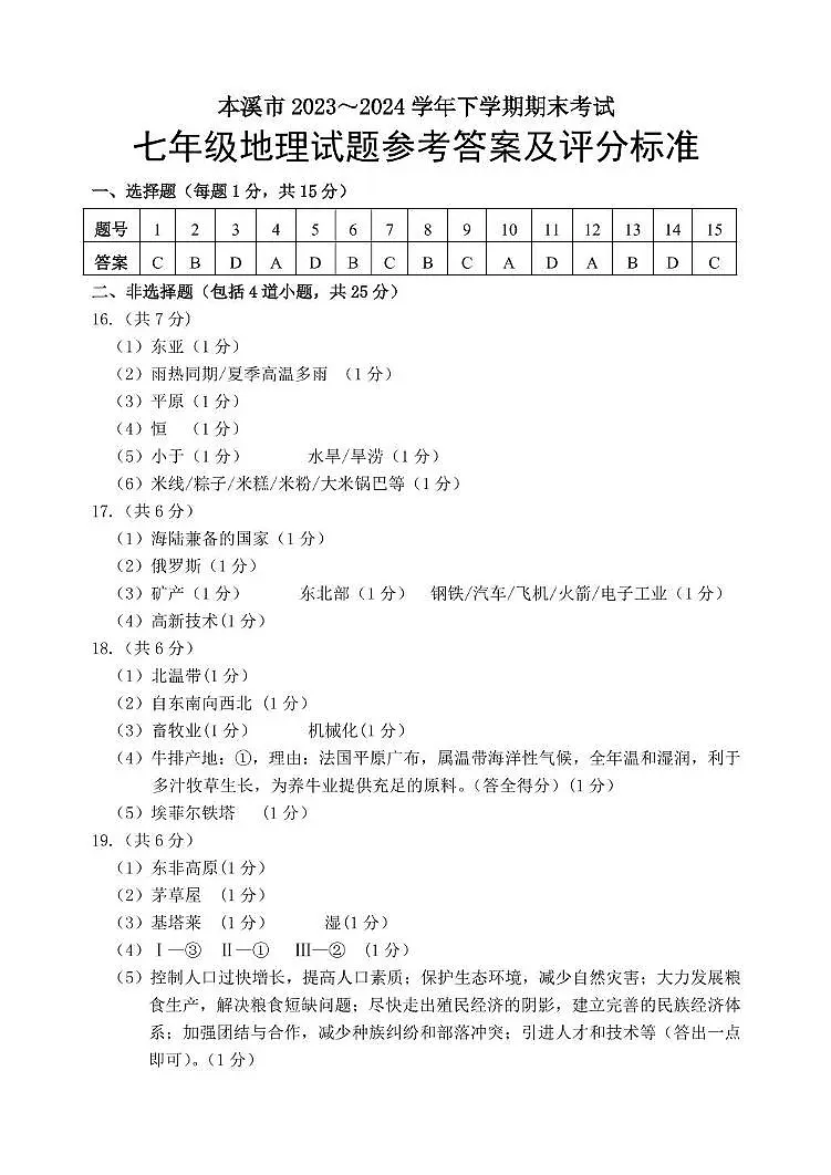 七下地理参考答案及评分标准第1页