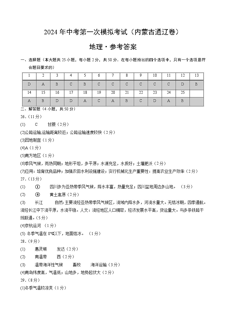 地理（内蒙古通辽卷）（参考答案及评分标准）中考地理考试试卷第1页
