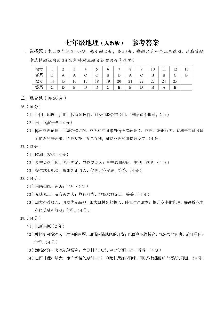 七年级地理（人教版）参考答案第1页