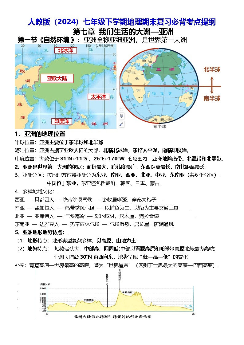 人教版（2024）七年级下学期地理期末复习必背考点提纲 学案第1页