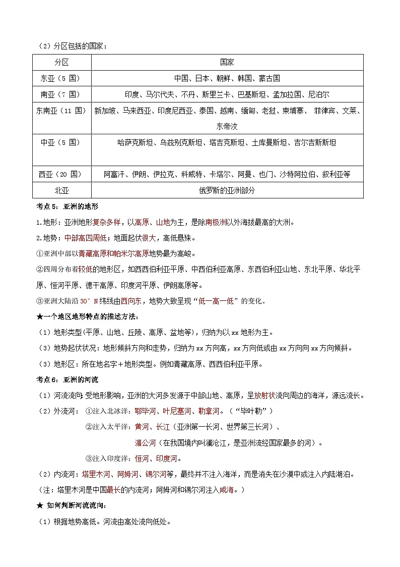 人教版（2024）七年级下学期地理期末复习考点背诵提纲 学案第2页