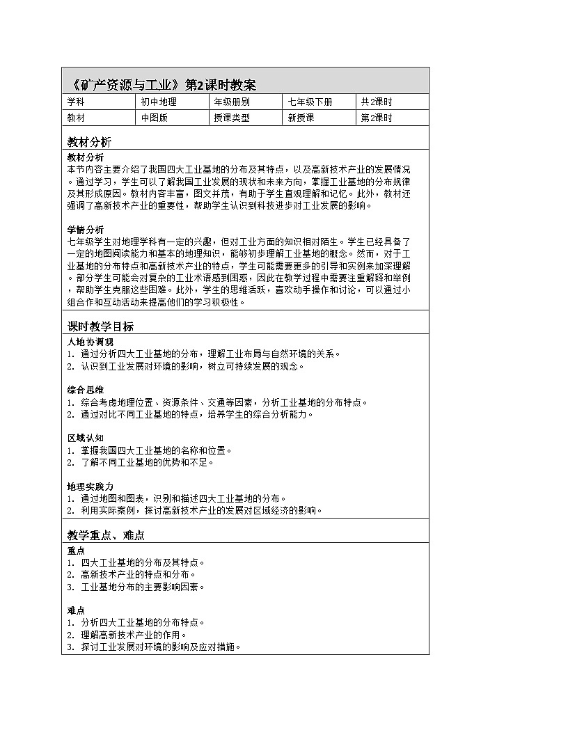 5.3 矿产资源与工业 第2课时 教案-2024-2025学年七年级地理下学期中图版（2024）（表格式）第1页