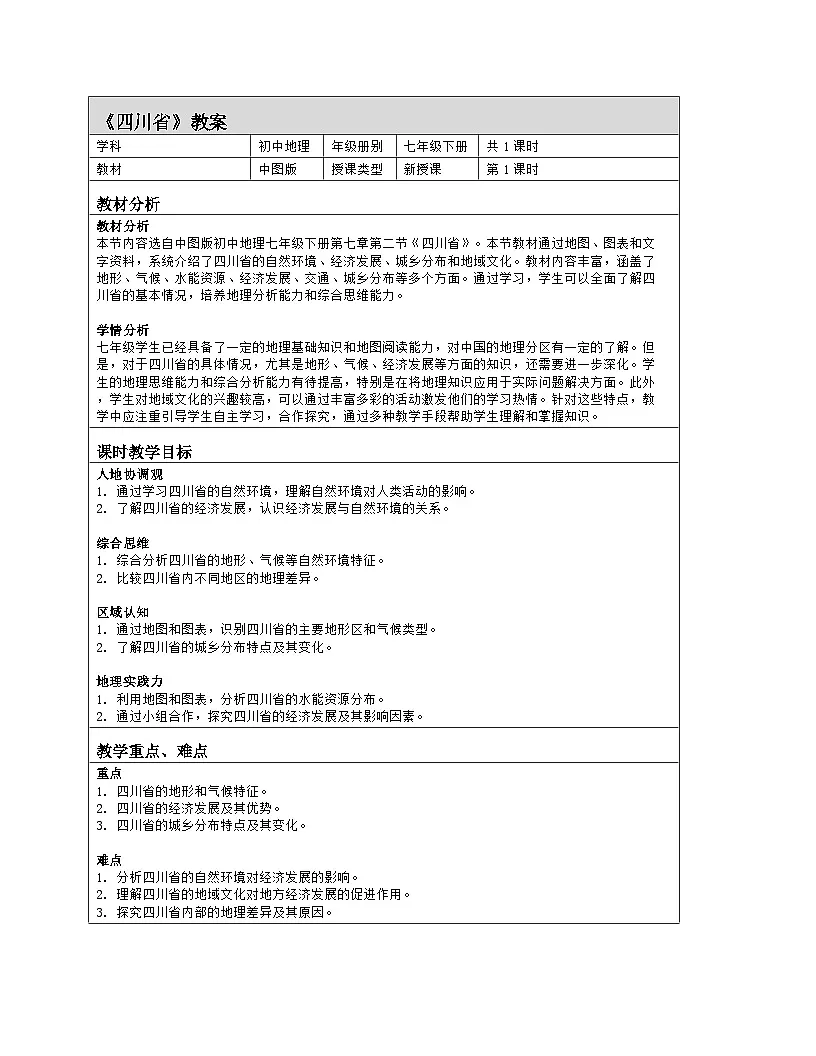 7.2 四川省 第1课时教学设计（表格式）2024-2025学年七年级地理下学期中图版第1页