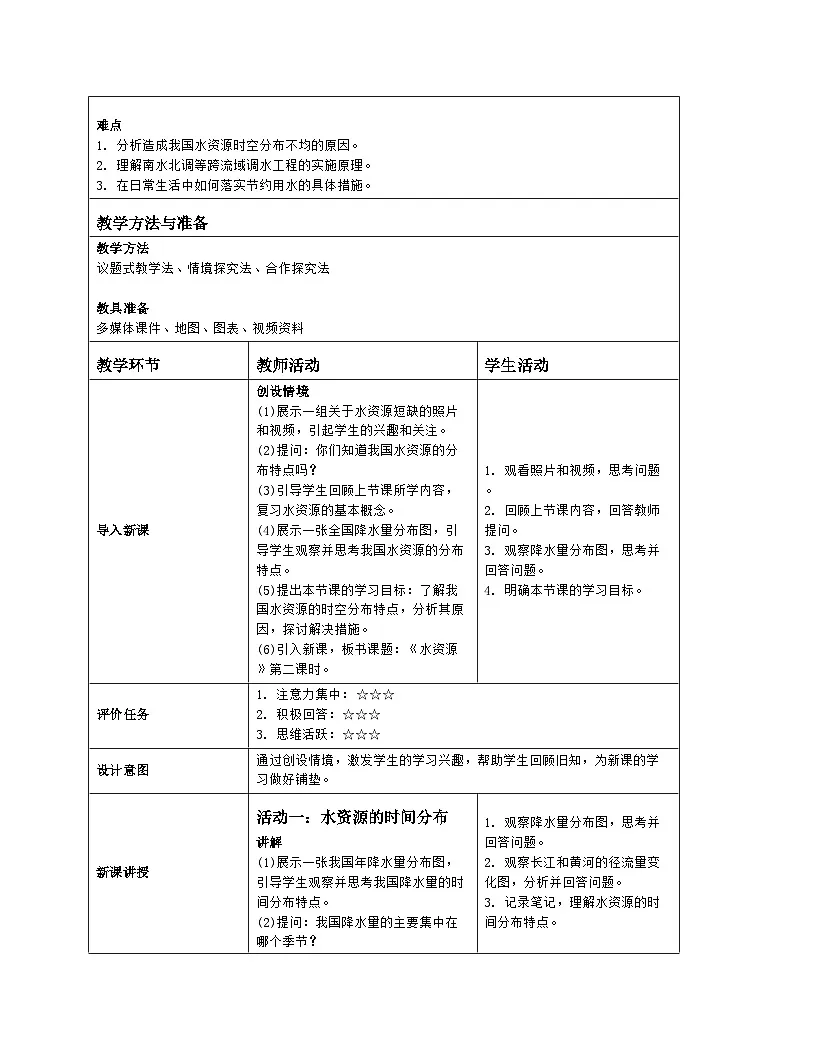 5.1 水资源 第2课时 教案（表格式）2024-2025学年七年级地理下学期中图版第2页