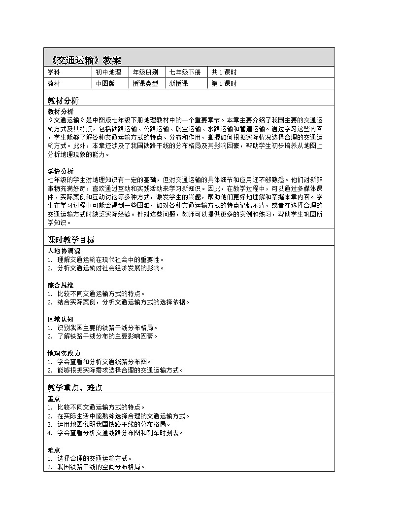 5.5 交通运输 教学设计-2024-2025学年七年级地理下学期中图版（2024）（表格式）第1页