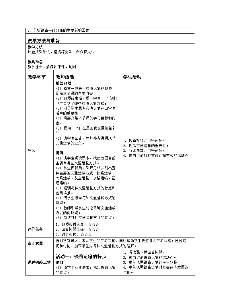 5.5 交通运输 教学设计-2024-2025学年七年级地理下学期中图版（2024）（表格式）第2页