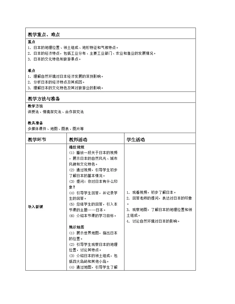 8.1日本 教案（表格式）商务星球版（2024）地理七年级下册第2页