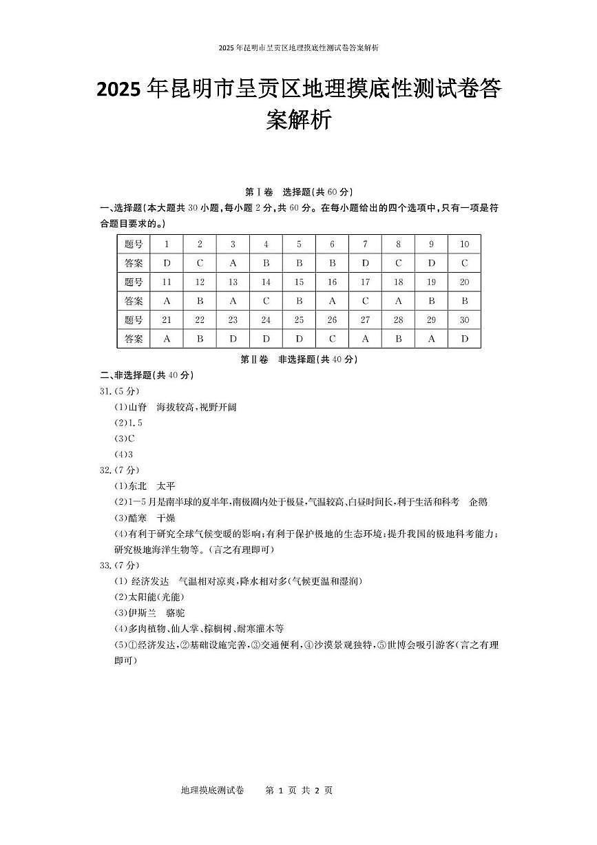 2025年昆明市呈贡区地理摸底性测试卷（附答案解析） 2025年昆明市呈贡区地理摸底性测试卷（附答案解析）第1页