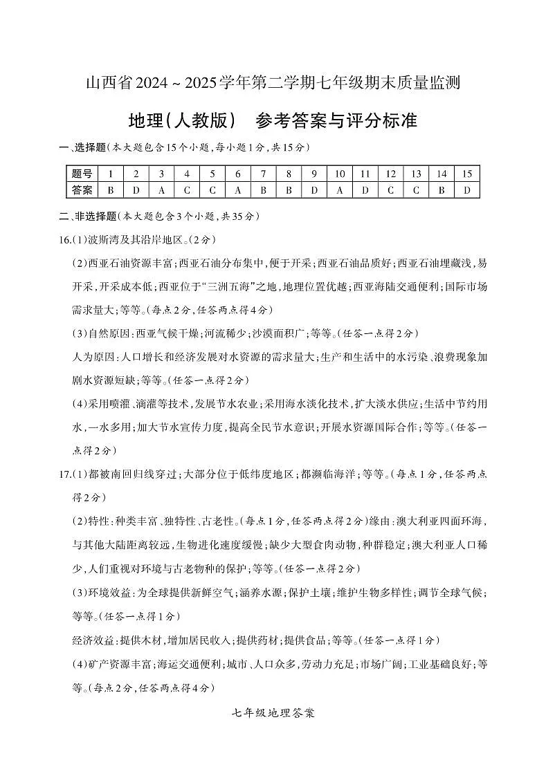 七年级期末卷·地理（人教版）参考答案第1页