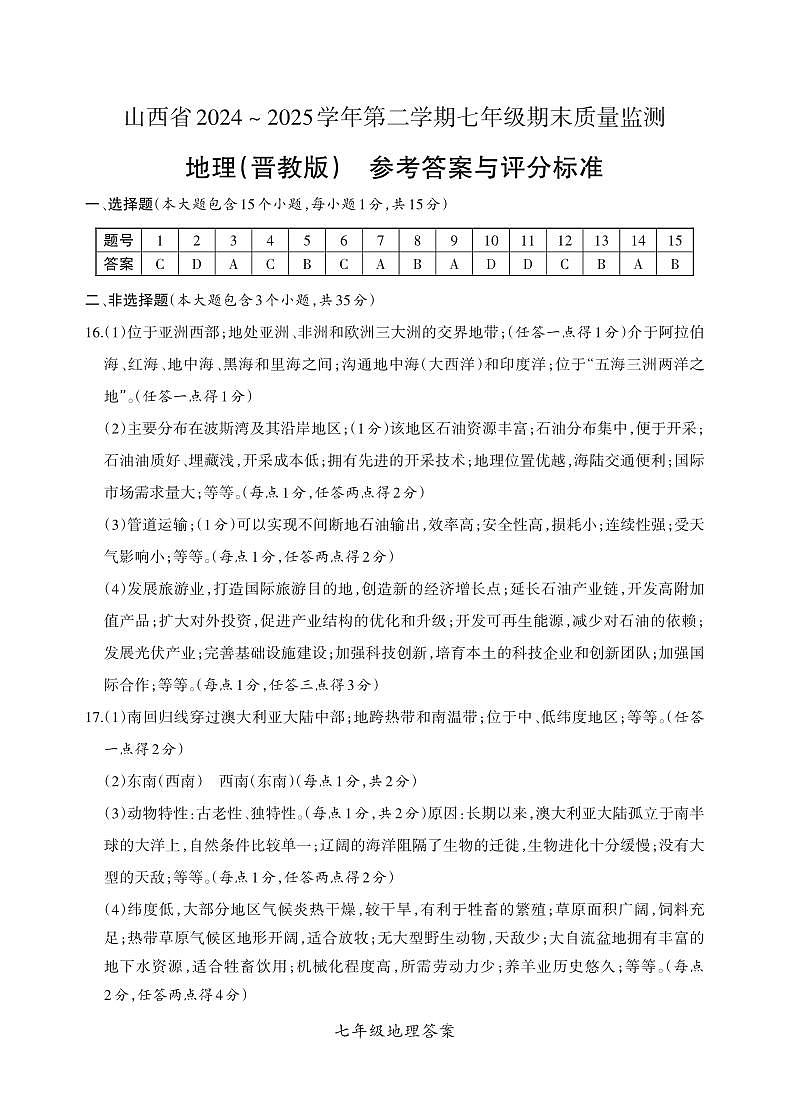 七年级期末卷·地理（晋教版）参考答案第1页