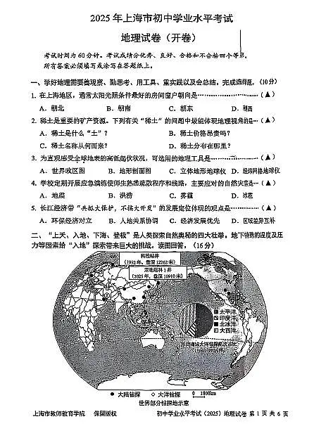 2025年上海市中考地理真题及答案第1页