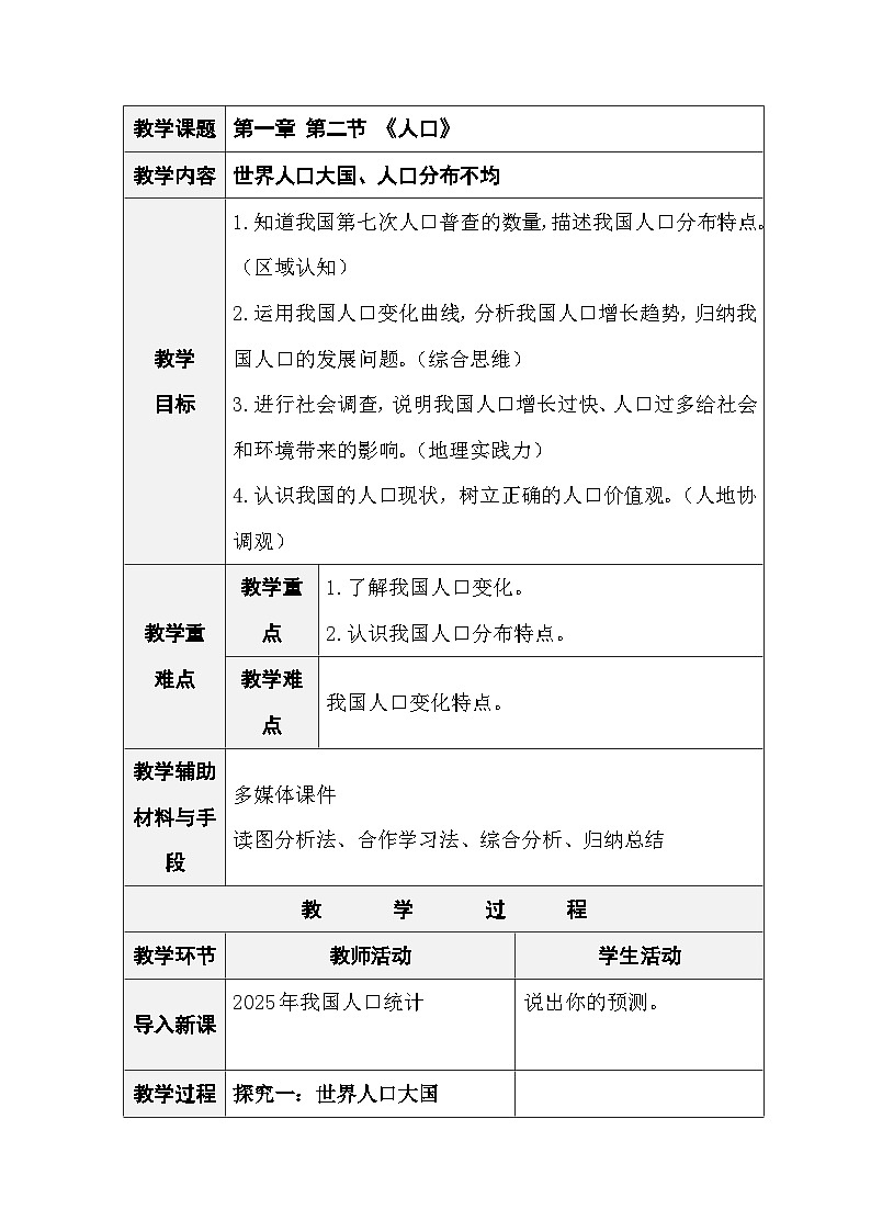 人教版地理八年级上册1.2《人口》（表格式教案）第1页