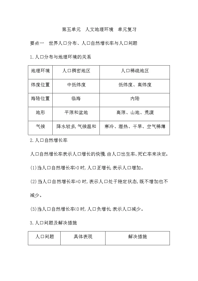 第五单元 人文地理环境 单元复习 - 学生版第1页