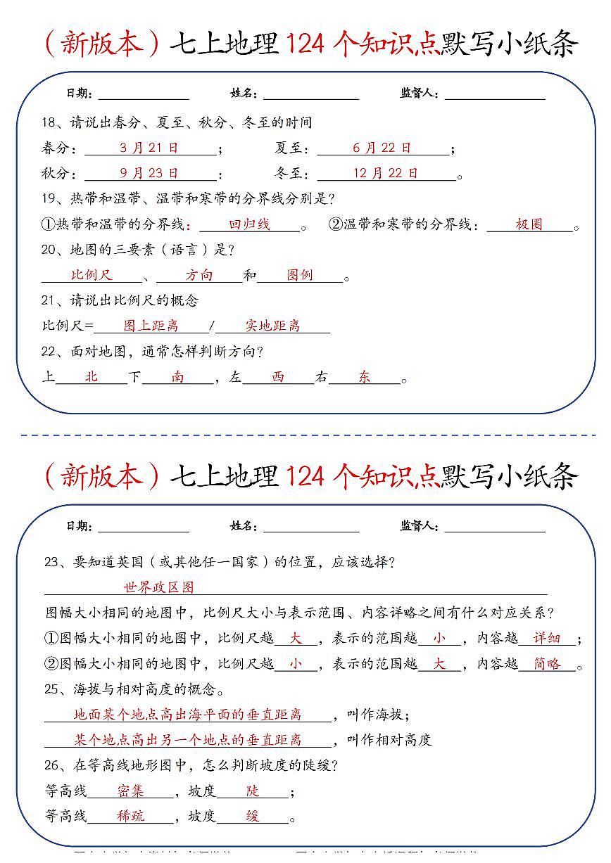 （新版本）七上地理124个知识点默写小纸条 纯图版第3页