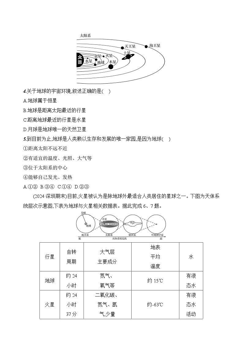 初中地理人教版七年级上册 第一章 第一节《地球的宇宙环境》素养评价试卷（含答案解析）第2页