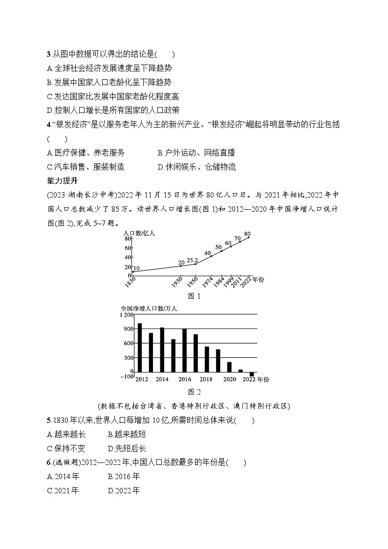 人教版初中地理七年级上册（2024版）新教材第5章　第1节　第1课时　世界人口数量的变化　世界人口的分布课后知能演练（含答案）第2页