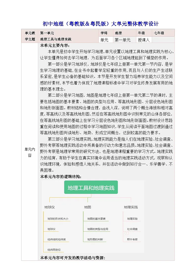 粤教版&粤民版·广州·《地理》七年级上册 第一单元 地理工具和地理实践 大单元整体教学设计第1页