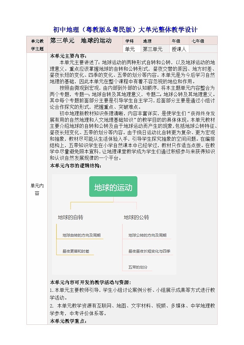 粤教版&粤民版·广州·《地理》七年级上册  第三单元   地球的运动    大单元整体教学设计第1页