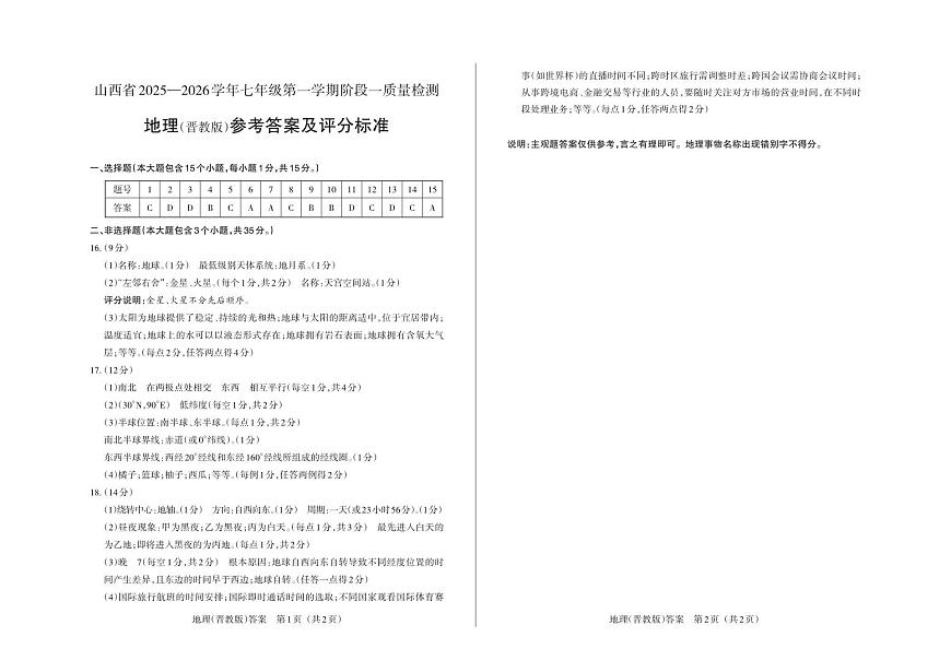 七年级地理（晋教版）· 答案第1页