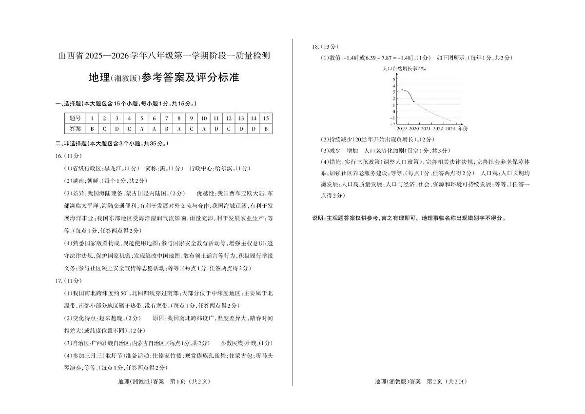 八年级地理（湘教版）· 答案第1页