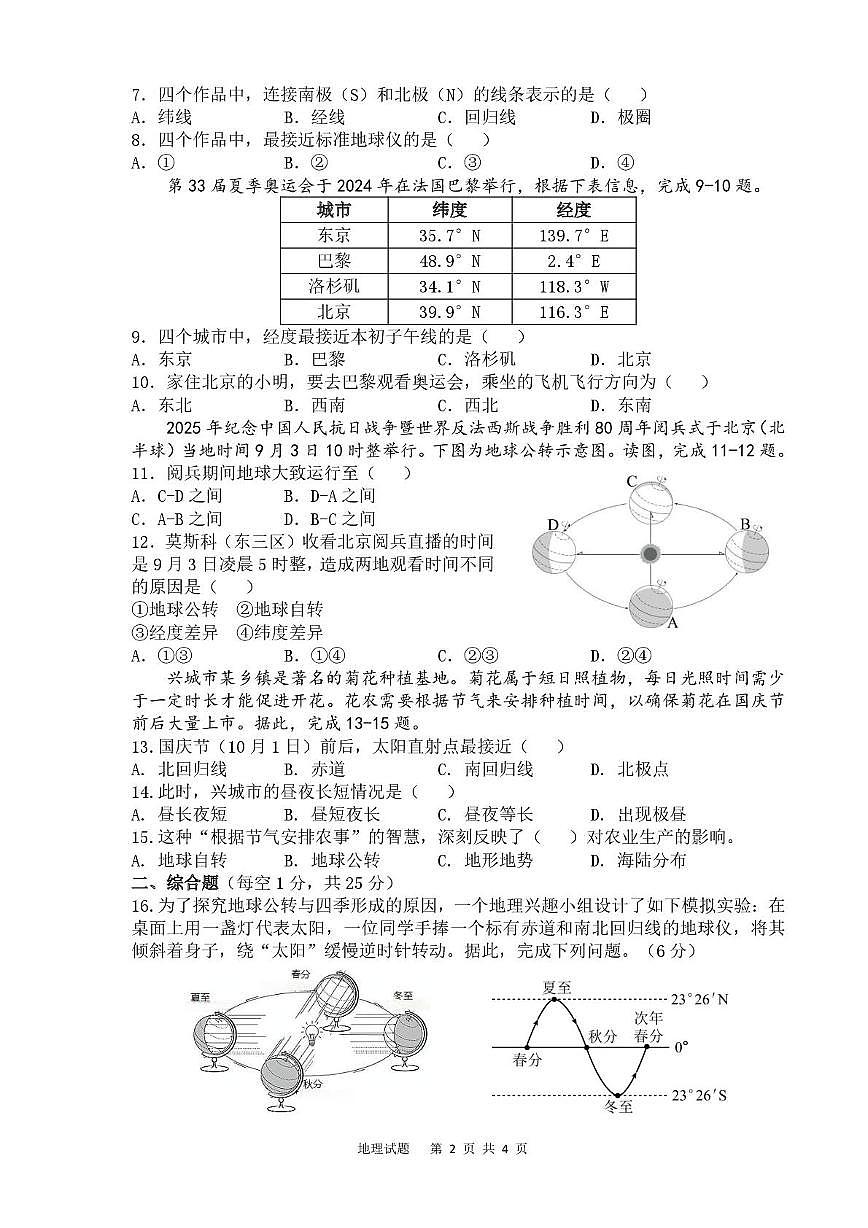 辽宁省葫芦岛市兴城市部分学校2025-2026学年七年级上学期随堂练习地理试卷（月考）第2页