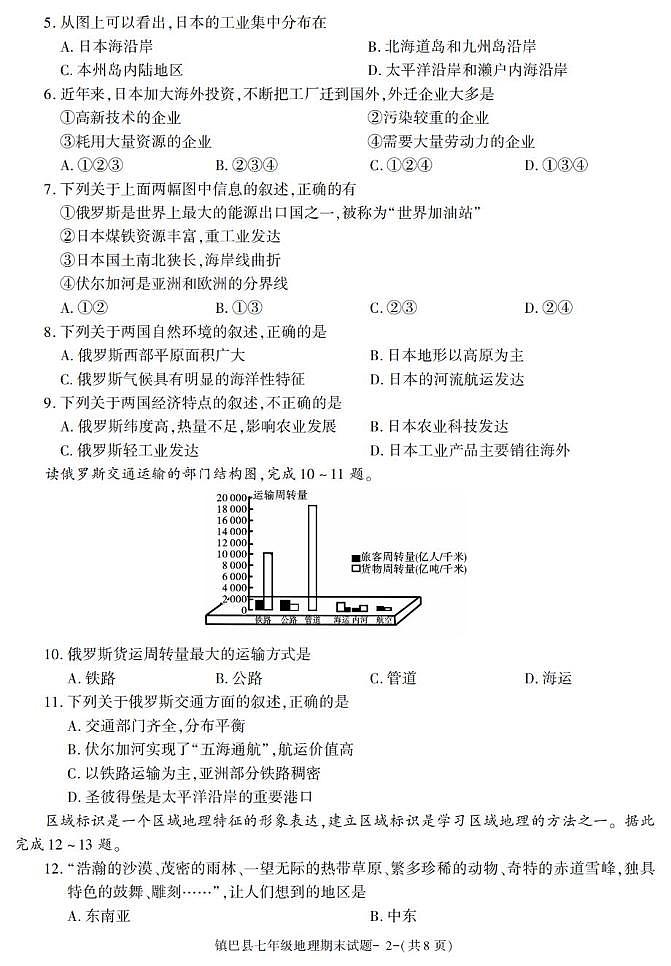 陕西省镇巴县2022-2023学年七年级下学期期末地理试卷第2页