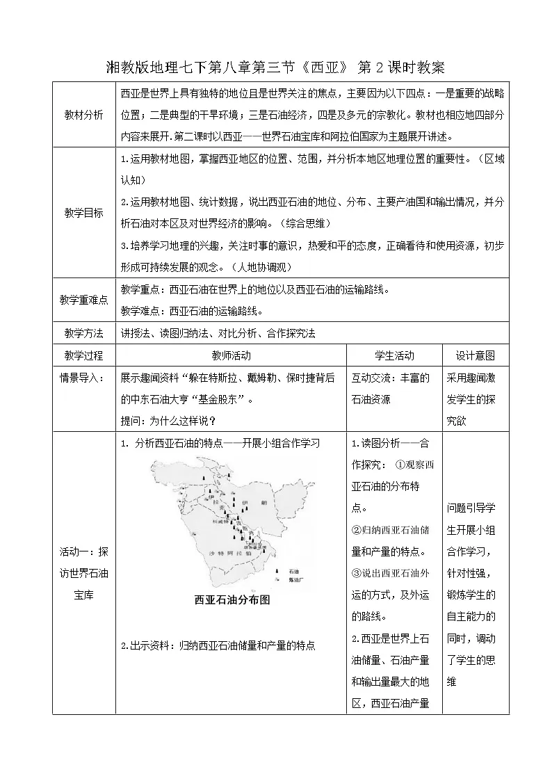 2026年春湘教版七年级地理下册 第三节 西亚第二课时 教案第1页