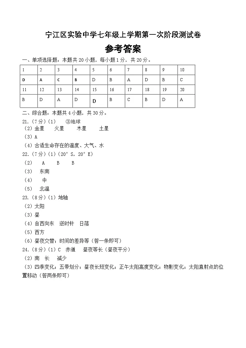 吉林省松原市宁江区实验中学2025～2026学年度上学期七年级第一次阶段测试 地理试卷答案第1页