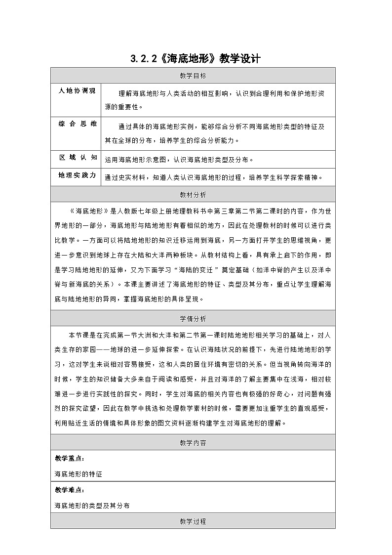 统编版地理七年级上册 3.2.2 海底地形 表格式教学设计第1页
