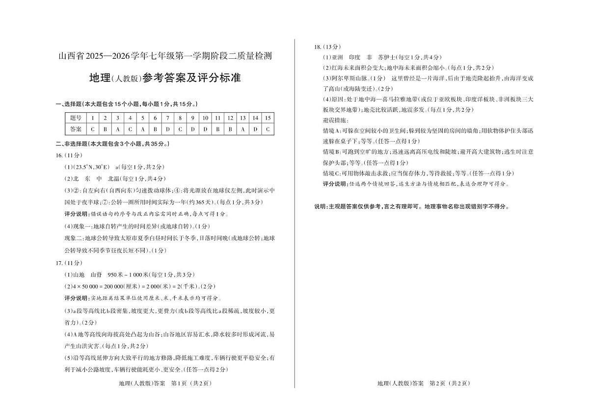 七年级地理（人教版）· 答案第1页