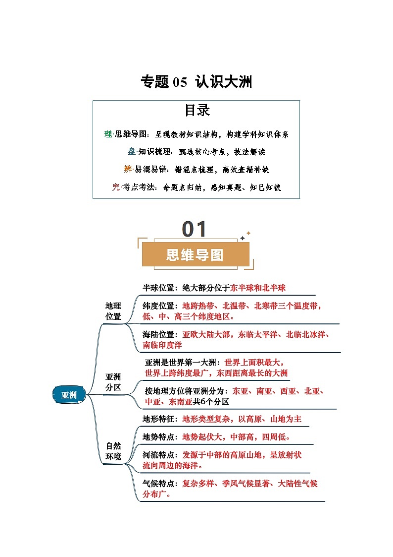 专题05 认识大洲中考地理一轮复习知识清单（背诵版）第1页
