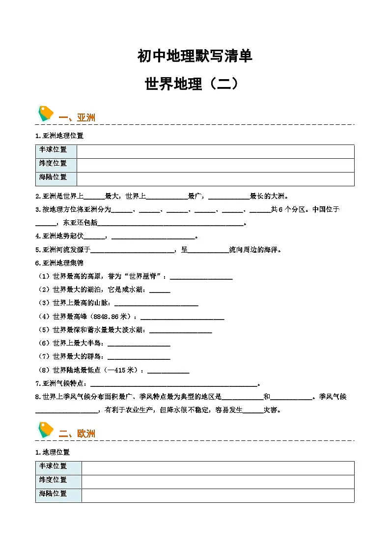 初中地理默写清单（世界地理二）中考地理一轮复习知识清单第1页