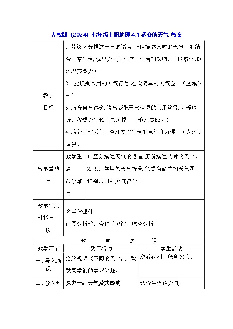人教版（2024）七年级上册地理4.1多变的天气 教案第1页