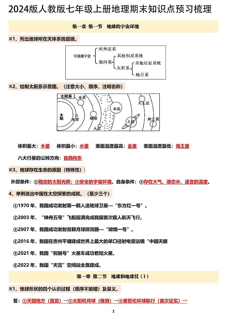 2024版人教版七年级上册地理期末知识点预习梳理第1页