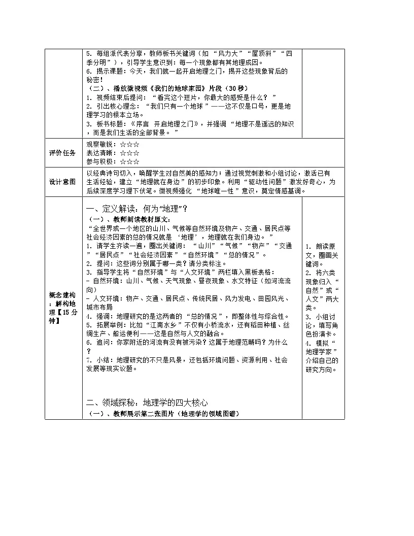 《序言 开启地理之门》教学设计（表格版）-2025-2026学年商务星球版（2024）地理七年级上册第3页
