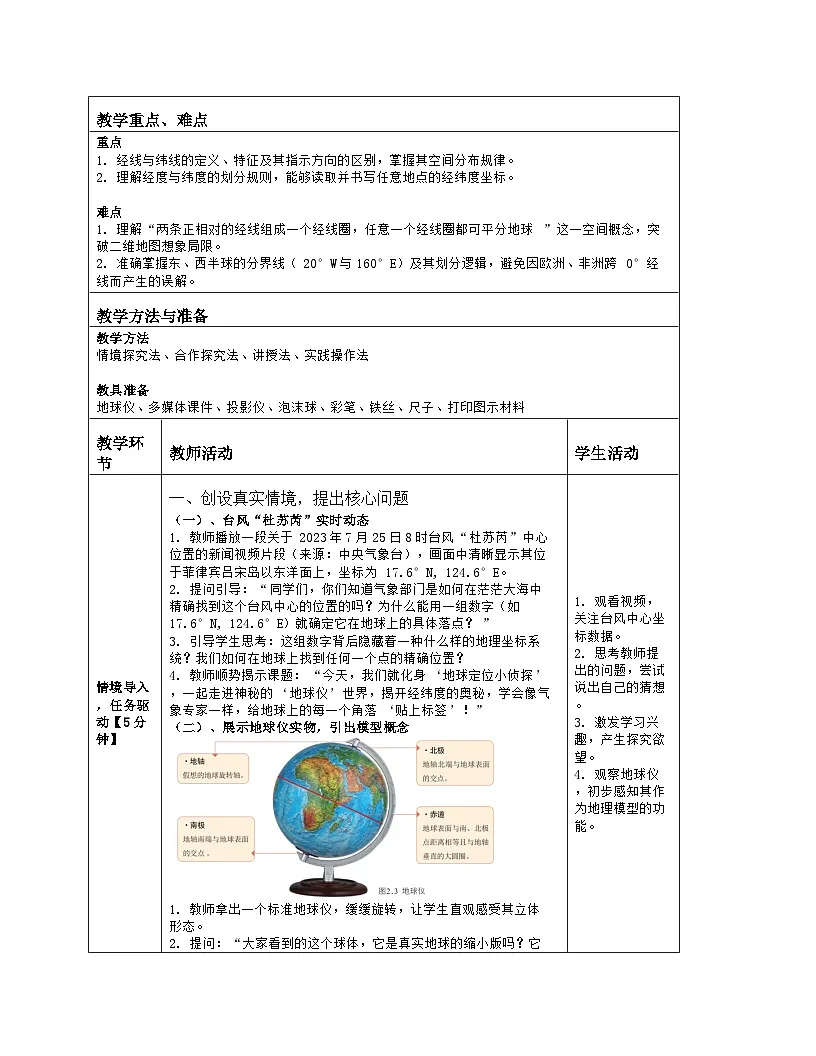 《第二章 地球的运动及其影响：1 地球仪》教学设计（表格版）-2025-2026学年商务星球版（2024）地理七年级上册第2页