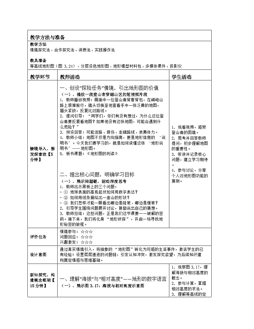 《第三章 地图与地理信息技术：2 地形图的判读》教学设计（表格版）-2025-2026学年商务星球版（2024）地理七年级上册第2页