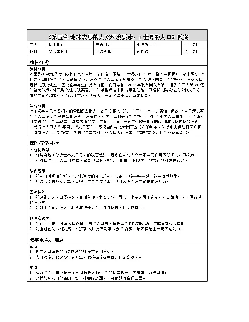 《第五章 地球表层的人文环境要素：1 世界的人口》教学设计（表格版）-2025-2026学年商务星球版（2024）地理七年级上册第1页