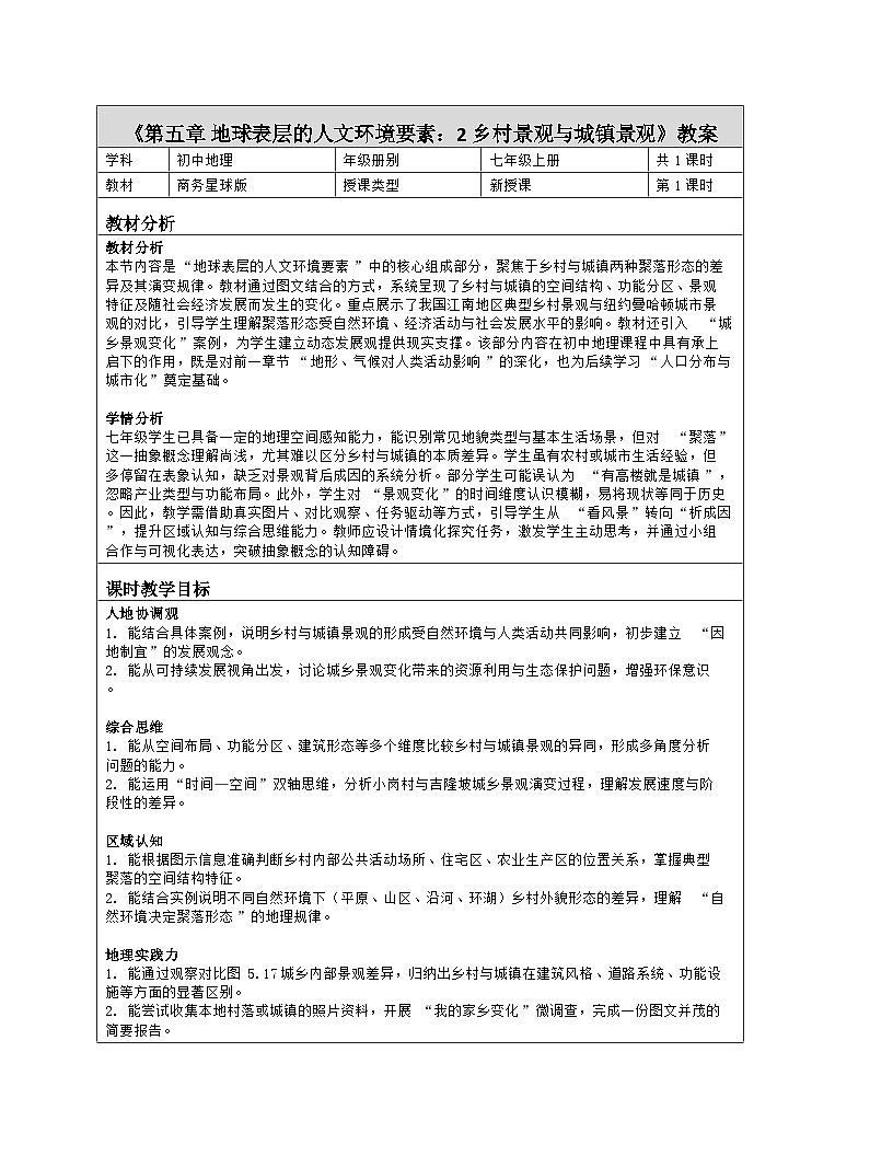 《第五章 地球表层的人文环境要素：2 乡村景观与城镇景观》教学设计（表格版）-2025-2026学年商务星球版（2024）地理七年级上册第1页