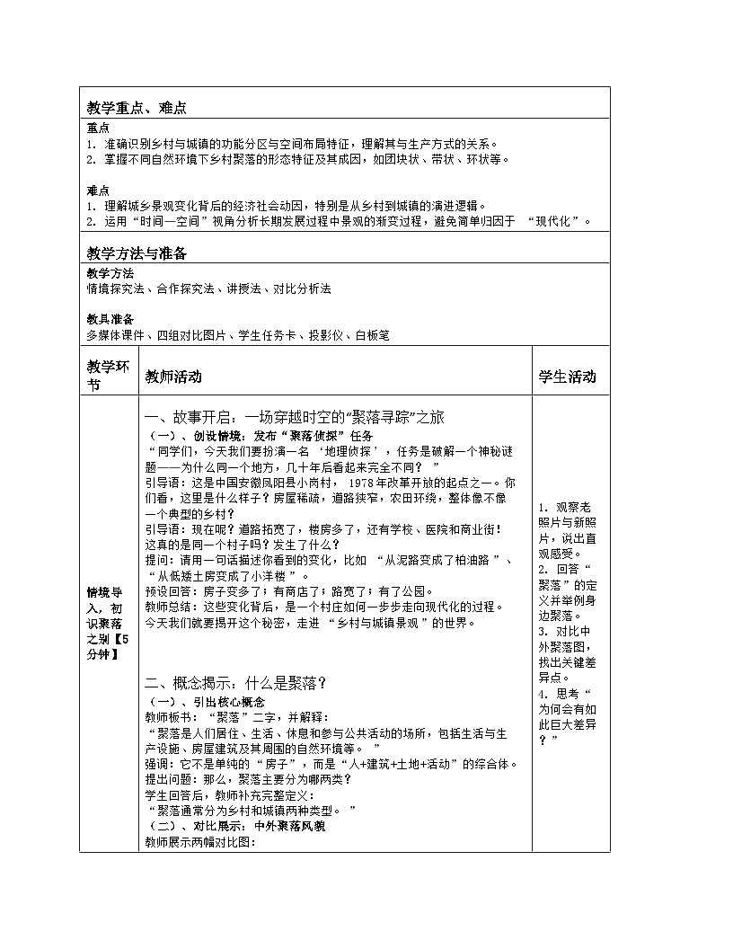 《第五章 地球表层的人文环境要素：2 乡村景观与城镇景观》教学设计（表格版）-2025-2026学年商务星球版（2024）地理七年级上册第2页