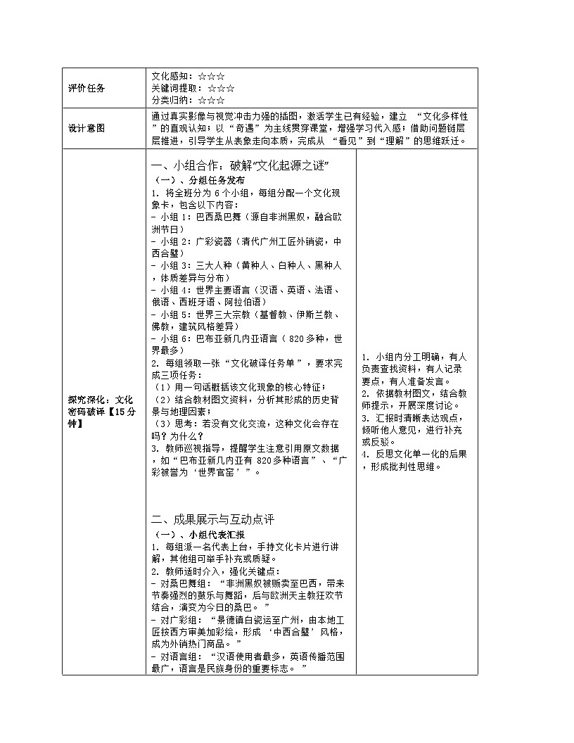 《第五章 地球表层的人文环境要素：3 世界文化的多样性》教学设计（表格版）-2025-2026学年商务星球版（2024）地理七年级上册第3页