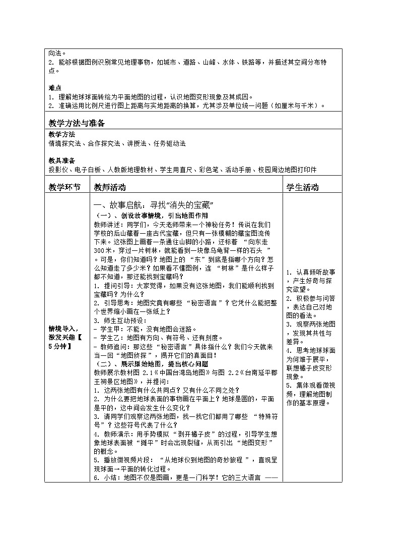 《第二章 地图：1 地图的阅读》教学设计（表格版）-2025-2026学年人教版（2024）地理七年级上册第2页
