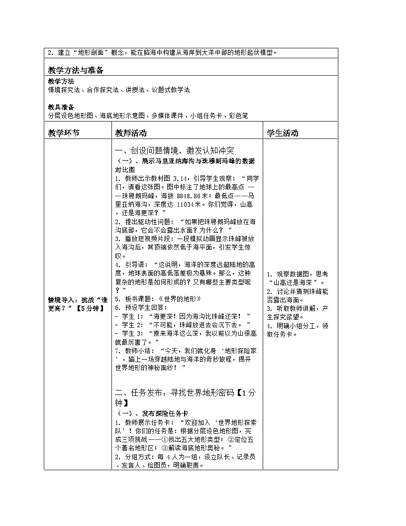 《第三章 陆地和海洋：2 世界的地形》教学设计（表格版）-2025-2026学年人教版（2024）地理七年级上册第2页