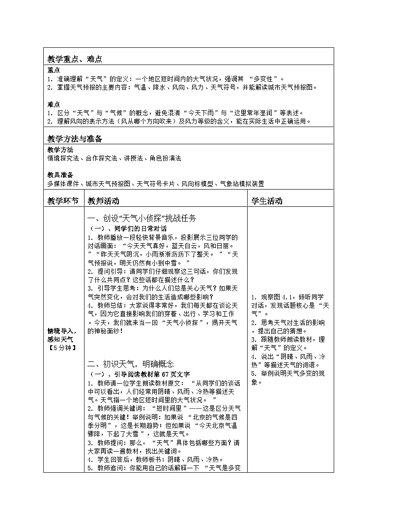 《第四章 天气与气候：1 多变的天气》教学设计（表格版）-2025-2026学年人教版（2024）地理七年级上册第2页