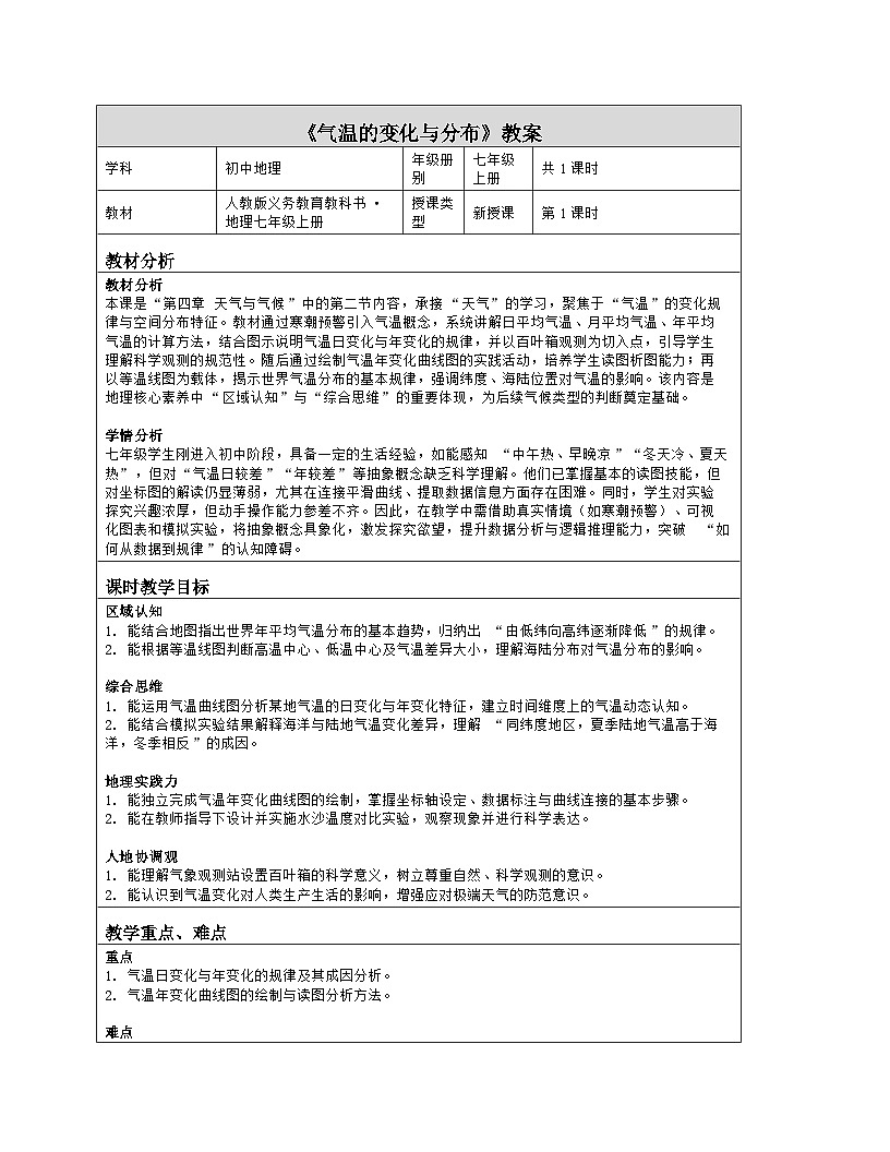 《第四章 天气与气候：2 气温的变化与分布》教学设计（表格版）-2025-2026学年人教版（2024）地理七年级上册第1页