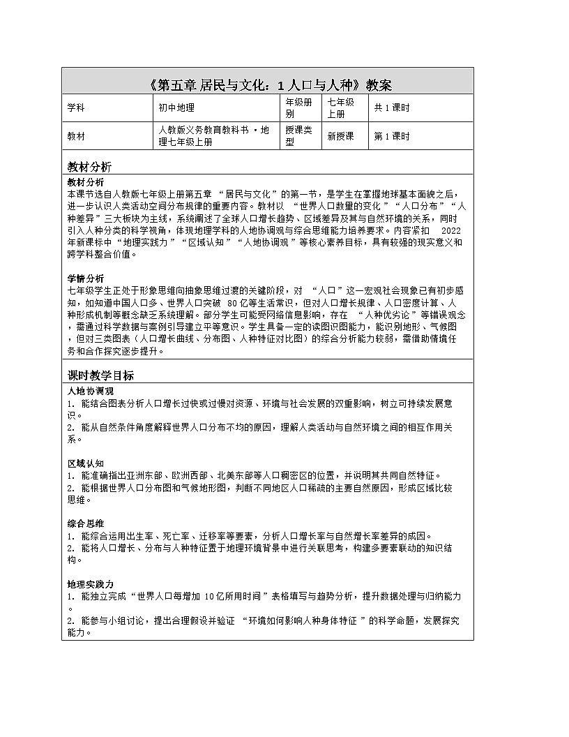 《第五章 居民与文化：1 人口与人种》教学设计（表格版）-2025-2026学年人教版（2024）地理七年级上册第1页