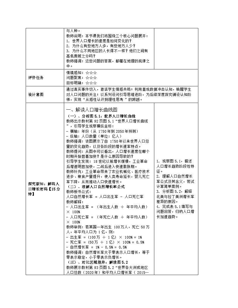 《第五章 居民与文化：1 人口与人种》教学设计（表格版）-2025-2026学年人教版（2024）地理七年级上册第3页