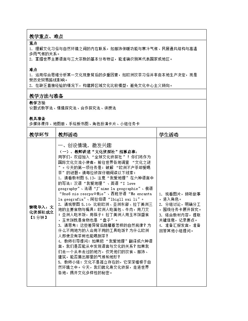 《第五章 居民与文化：3 多样的文化》教学设计（表格版）-2025-2026学年人教版（2024）地理七年级上册第2页